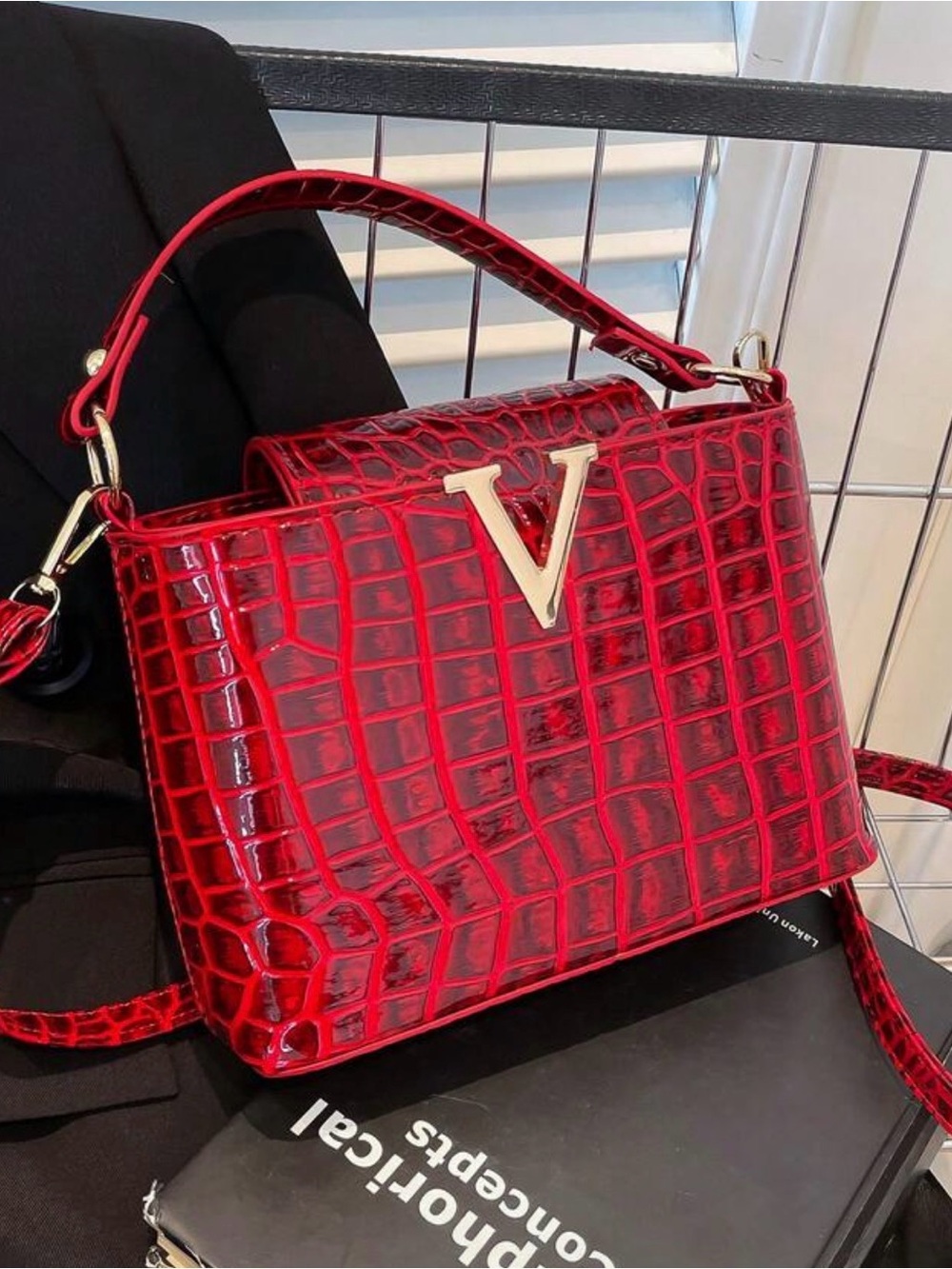 No Boundaries Red Croc-Embossed Satchel with Gold V Accent